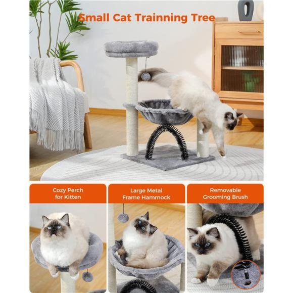 Small Cat Tree 28" Cat Tower with Metal Plush Hammock & Dangling Ball, Grey - Picture 5 of 6